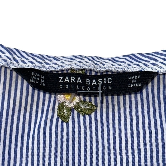 Zara Blue Striped Floral Embroidered Short Sleeve Blouse US M - Picture 5 of 9